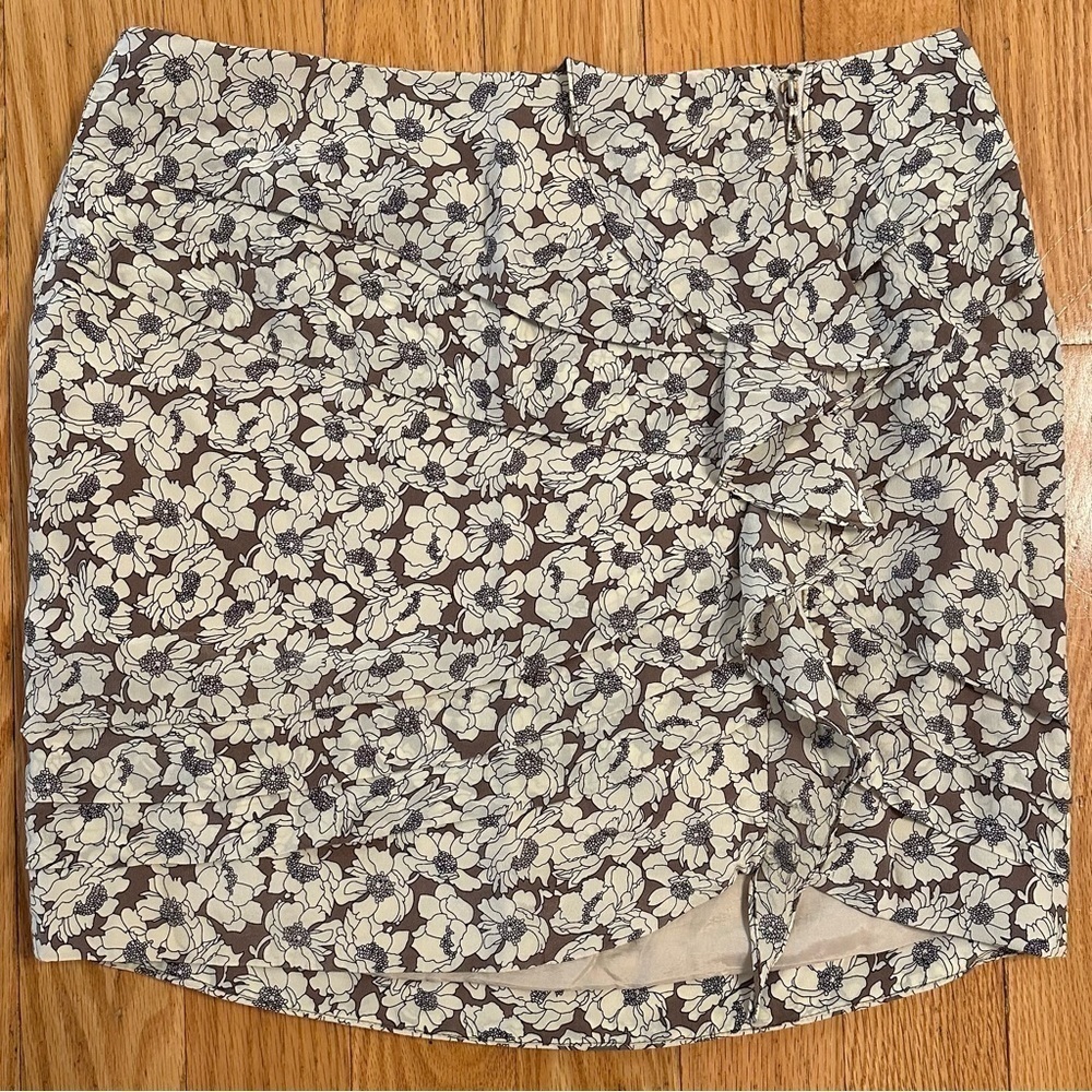 Leifsdottir Anthropologie SILK Flounce Zip Ruffle Mini Skirt 10 Cream Floral